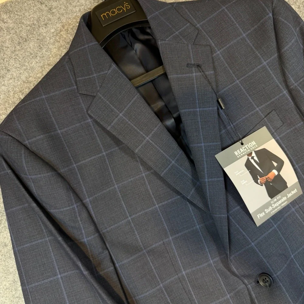 Kenneth Cole Reaction Men 42S Slim Fit Flex Suit Jacket Navy Windowpane CLOO1FJX